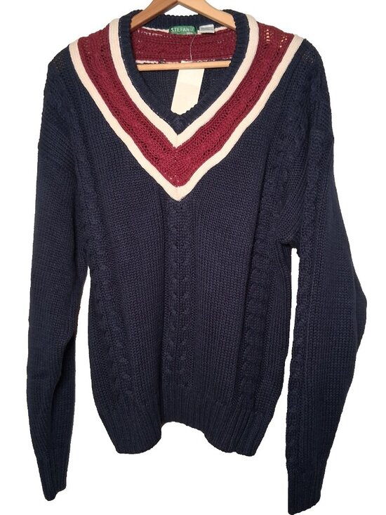 Stefano Other - Vintage 90s Stefano Man Sweater Large Blue Maroon Cable Knit V Neck Academia Pre